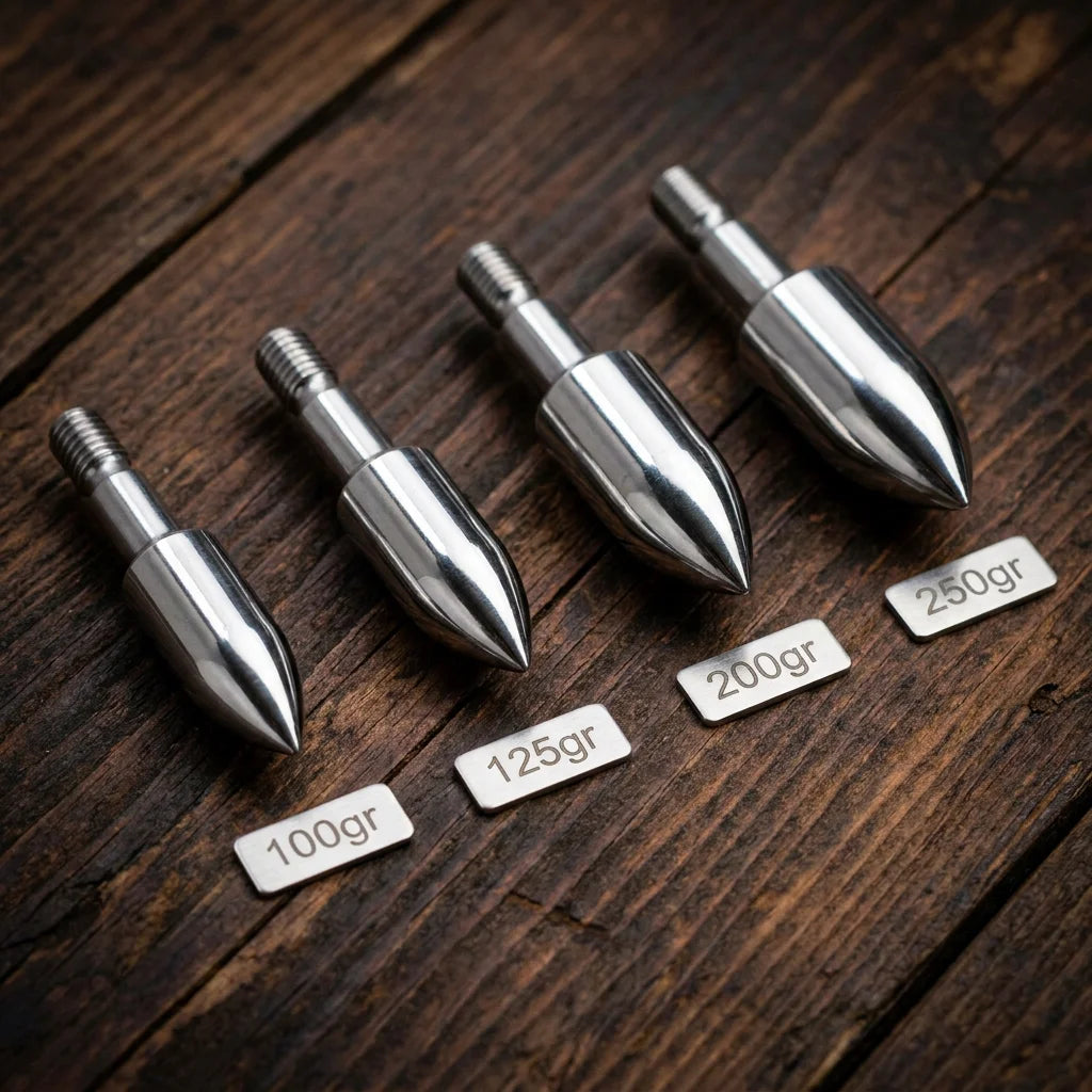 Professional product display of stainless steel archery field points on a dark wood background